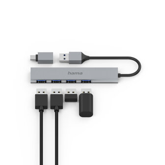 Hama USB-hub 4-poorts USB 3.2 Gen1 5 Gbit/s Ultra Slim Incl. USB-C-adapter