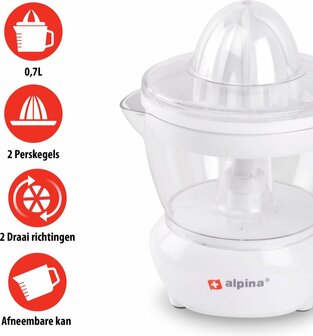 Alpina Citruspers 0,7 Liter 2 Perskegels 2 Draairichtingen 25 Watt Wit