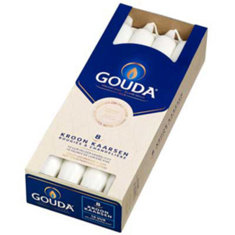 Gouda Kroonkaarsen 24x2.4 cm 8 Stuks Wit